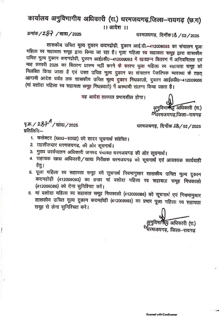 धरमजयगढ़ ब्लॉक का कदमढोढ़ी शासकीय राशन दुकान संचालन समिति हुई निलंबित 2 1000152524