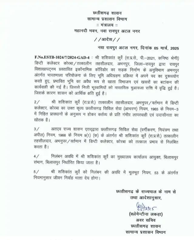 भारतमाला रोड में मुआब्जा घोटाला करने वाले डिप्टी कलेक्टर सस्पेंड 1 1000185947
