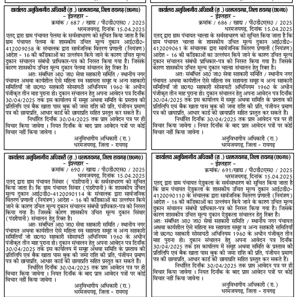 धरमजयगढ़ के 36 राशन दुकानों में होंगी नई भर्ती, मंगाए गए आवेदन... 4 1000280715
