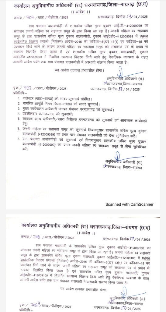 2 राशन दूकान धरमजयगढ़ में फिर सस्पेंड, एसडीएम ने किया सस्पेंड 1 1000294455