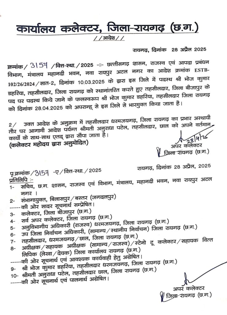 धरमजयगढ़ तहसीलदार भोजकुमार डहरिया के स्थान पर छाल तहसीलदार अनुराधा को मिला प्रभार... 2 1000309408