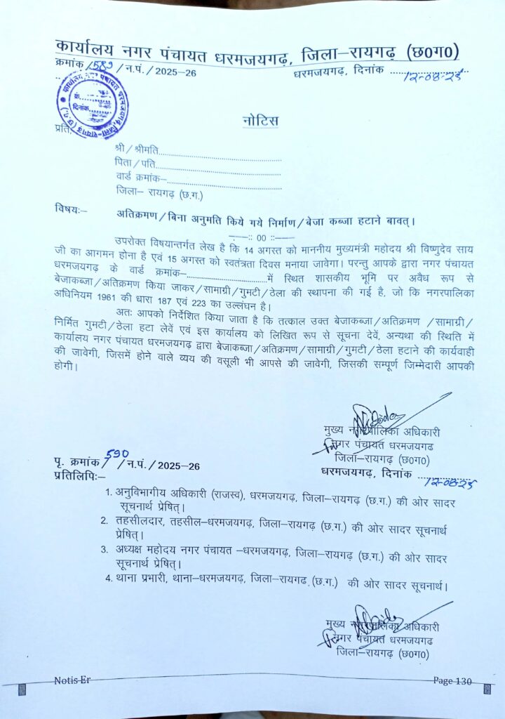 नगर पंचायत धरमजयगढ़ दे रहा नोटिस, जल्द दुकान हटाने को निर्देश.... 1 1000702927