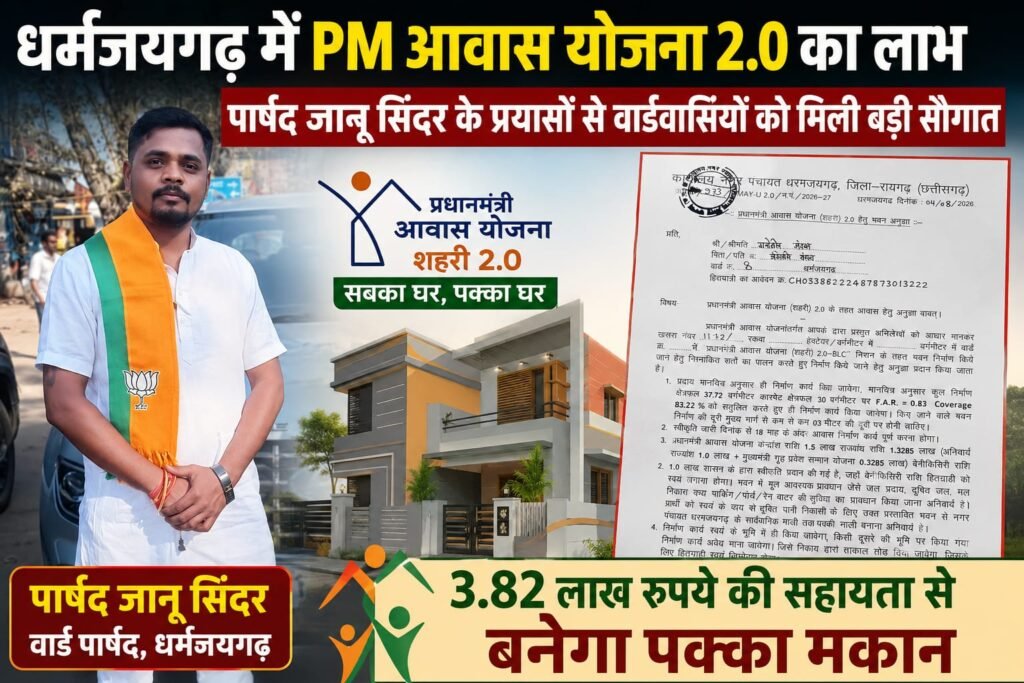धर्मजयगढ़ में PM आवास योजना 2.0 का लाभ, पार्षद जानू सिंदर के प्रयासों से वार्डवासियों को मिली बड़ी सौगात 3 1000693676