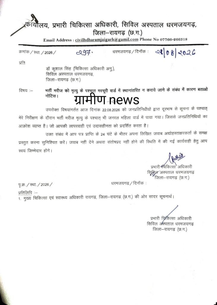धरमजयगढ़ अस्पताल में व्यवस्था संबंधी चूक पर BMO का एक्शन, 24 घंटे में मांगा जवाब 2 1000705992