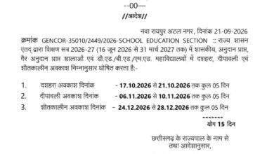 छत्तीसगढ़ में स्कूलों की छुट्टियों का ऐलान, दशहरा-दीपावली से लेकर शीतकालीन अवकाश तक 15 दिन बंद रहेंगे स्कूल 4 IMG 20260921 WA0009